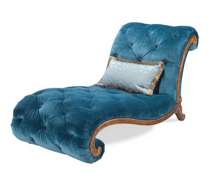 a blue chaise lounge chair with gold trimmings and pillows on the back