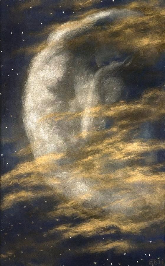 an abstract painting of the moon and clouds