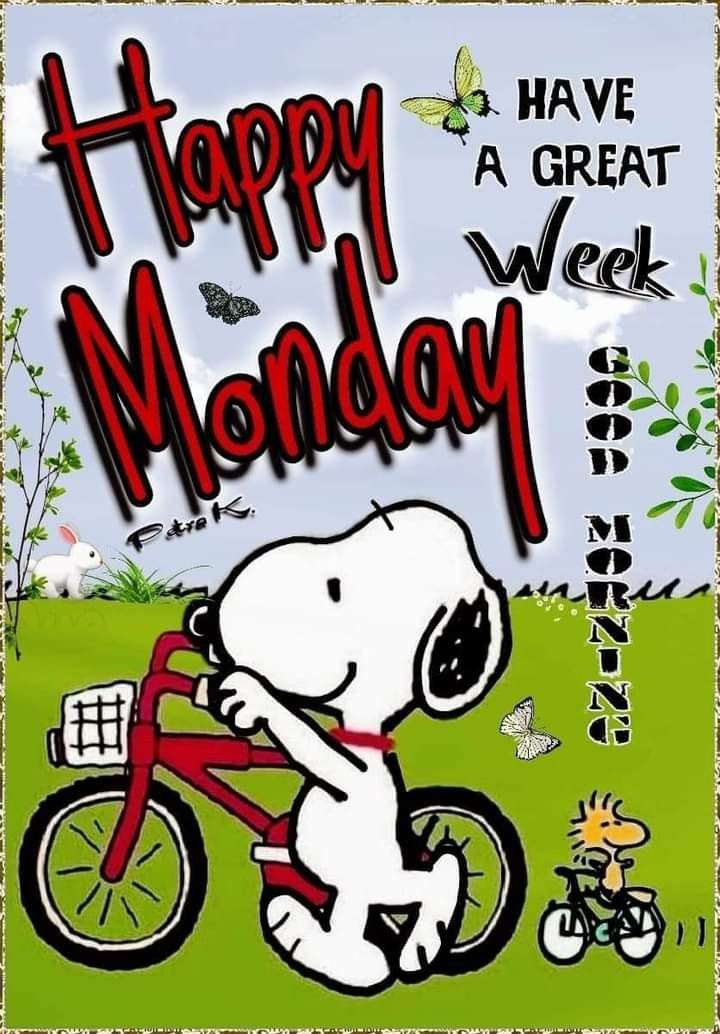 a snoopy dog riding a bike with the words happy monday written in red on it