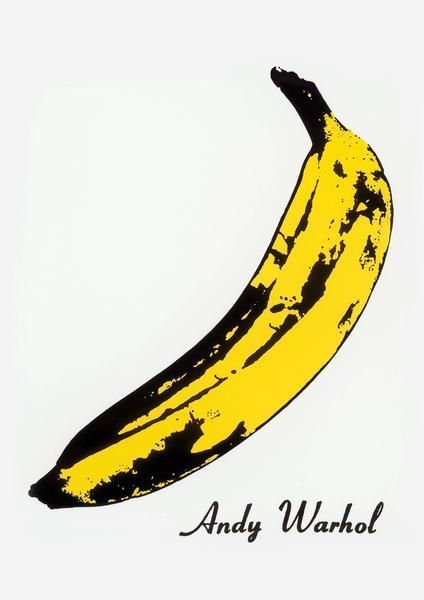 a yellow and black banana with the words andy warhol on it's side