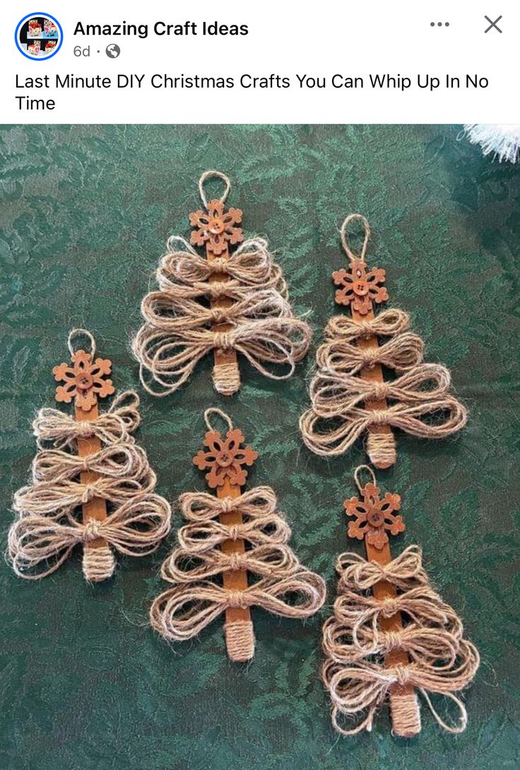 four small christmas trees made out of twine