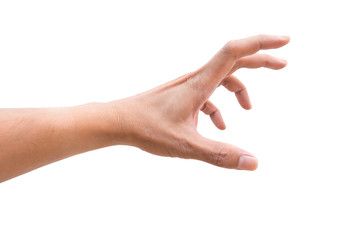 a person's hand reaching out to touch something with their left arm, against a white background