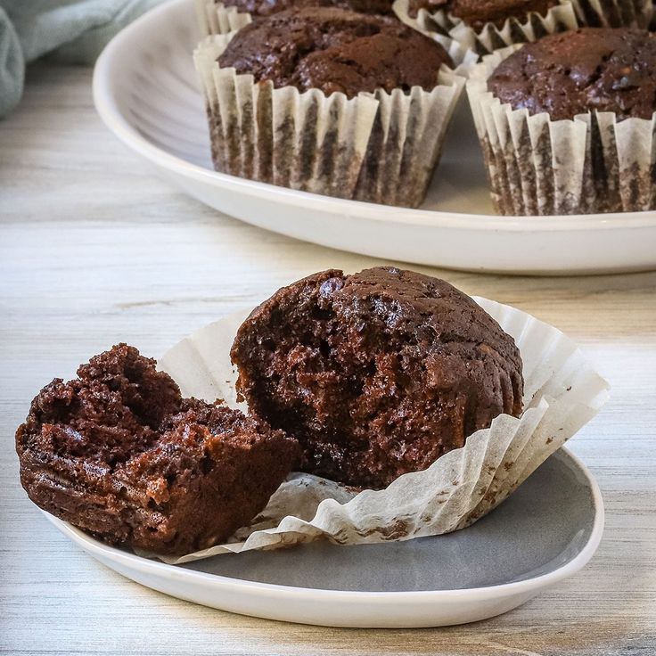 chocolate muffins sitting on plates next to each other