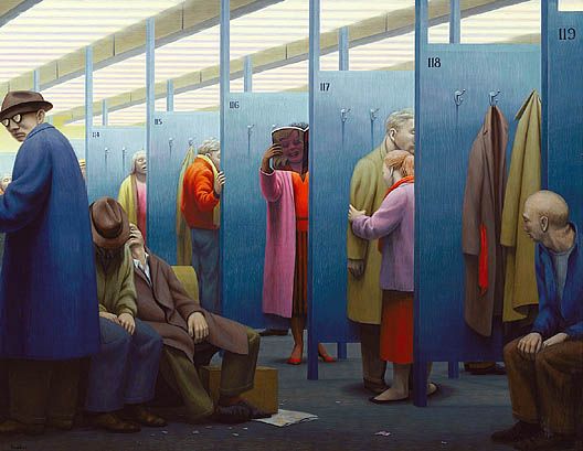 a painting of several men standing in front of lockers with coats hanging on them