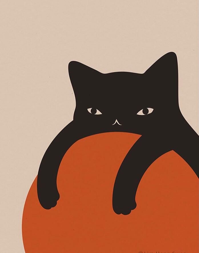 a black cat sitting on top of an orange ball with it's eyes wide open