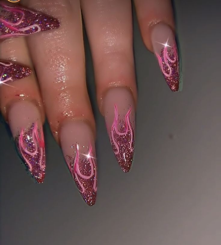 Bratz Nails Aesthetic, Pink Rave Nails, Reflective Nails Design, Name On Buttcheek Tattoo, 2000 Inspired Nails, 4d Nail Art Design, Pink Fairy Nails, Karol G Nails, Pink Chrome Nails