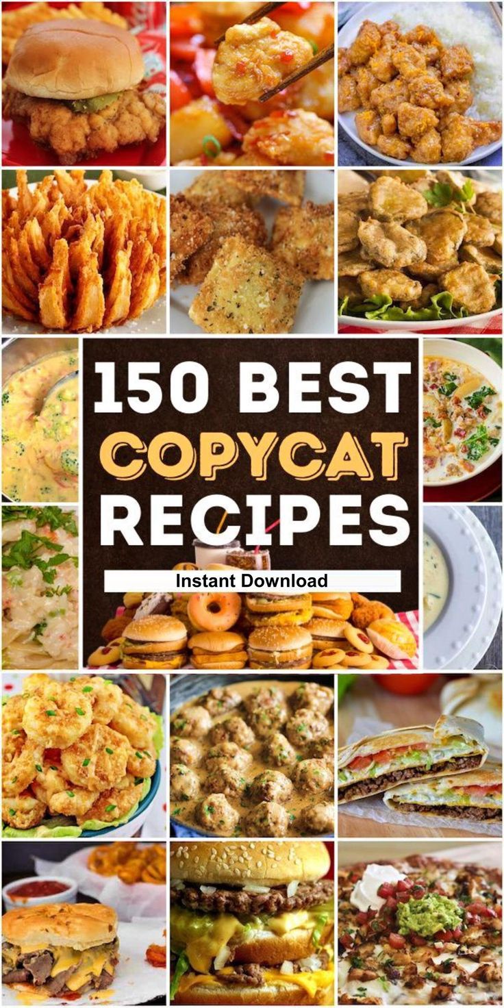 the cover of 150 best copycat recipes instant cookbook is shown in this collage