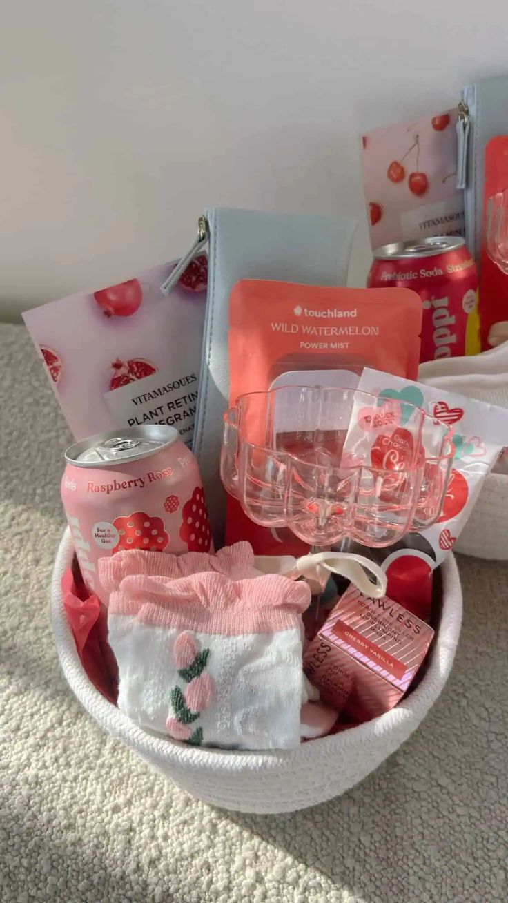 a basket filled with lots of items on top of a table