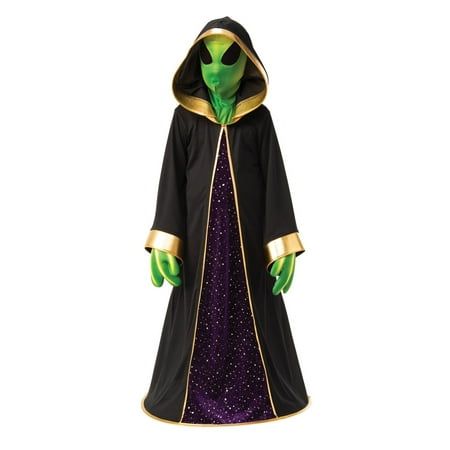 an alien in a black robe and purple dress with gold trimmings on it