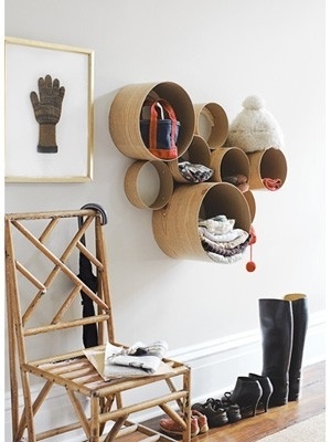 there are two pictures with different items on the wall and one has a shoe rack