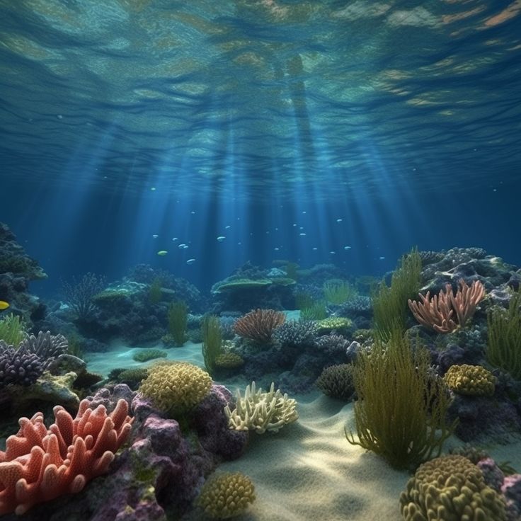 an underwater scene with corals and seaweed in the foreground, sunlight streaming through the water