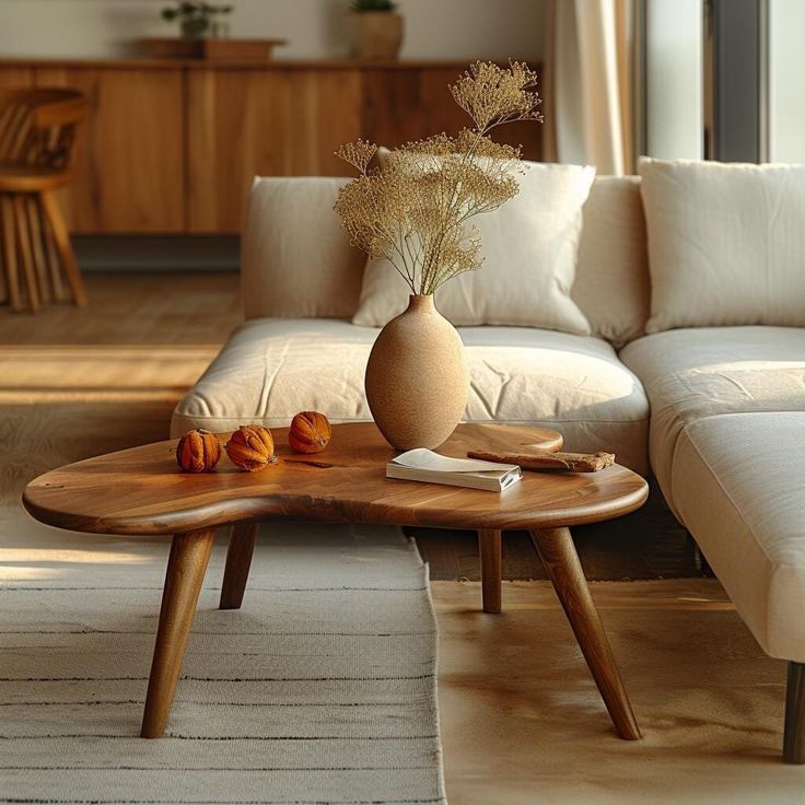 a living room with a couch, coffee table and vase on the floor in front of it