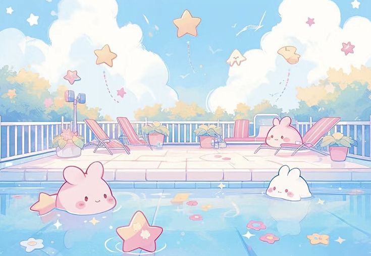 some cartoon characters are swimming in a pool with stars on the ground and clouds above them