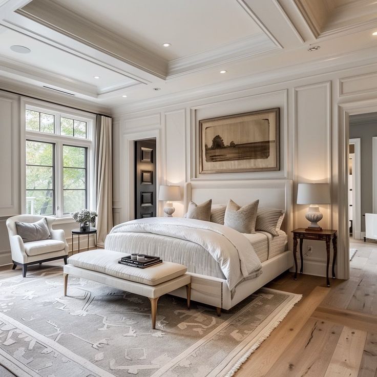 a large white bed sitting inside of a bedroom next to two chairs and a table