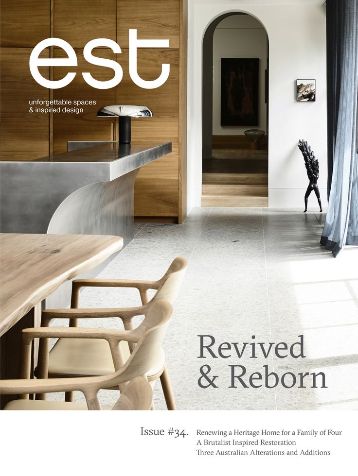 the cover of estt magazine features an image of a kitchen and dining room area