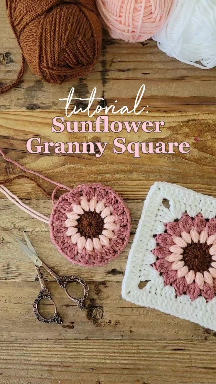 the crochet sunflower granny square is next to some yarn