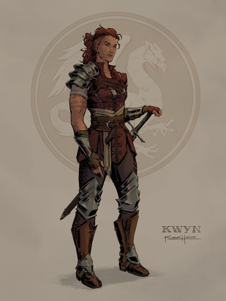 a drawing of a woman in armor holding two swords