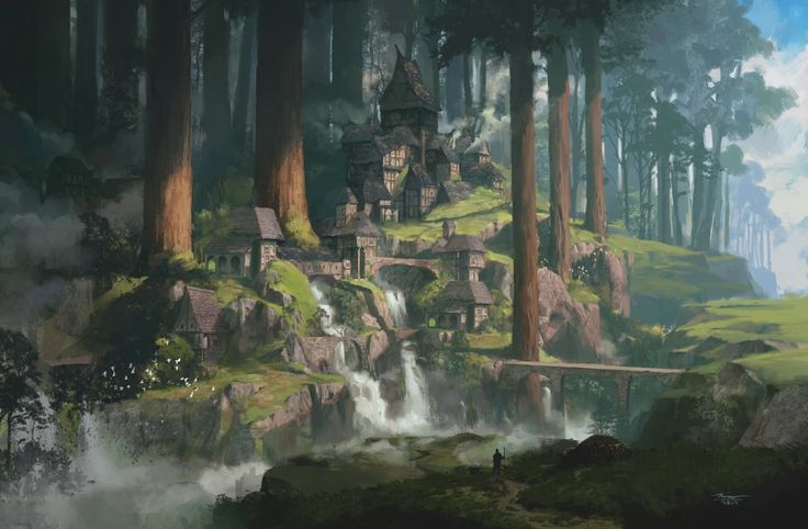 a painting of a waterfall in the middle of a forest with lots of tall trees