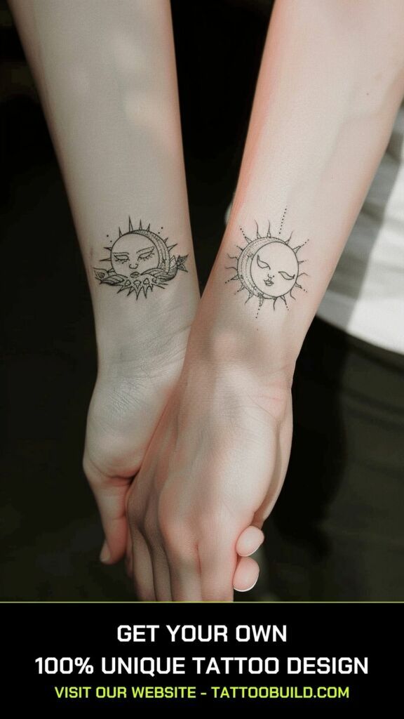 two people holding hands with sun and moon tattoos on their wrist, both showing the same tattoo design