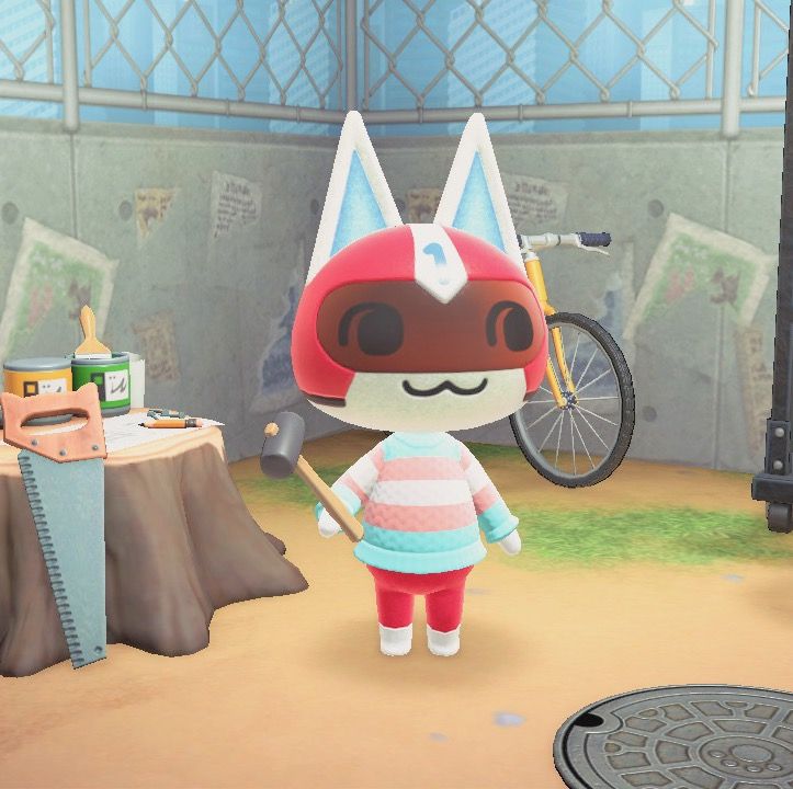 an animal crossing character standing in the middle of a room with a bike and other items