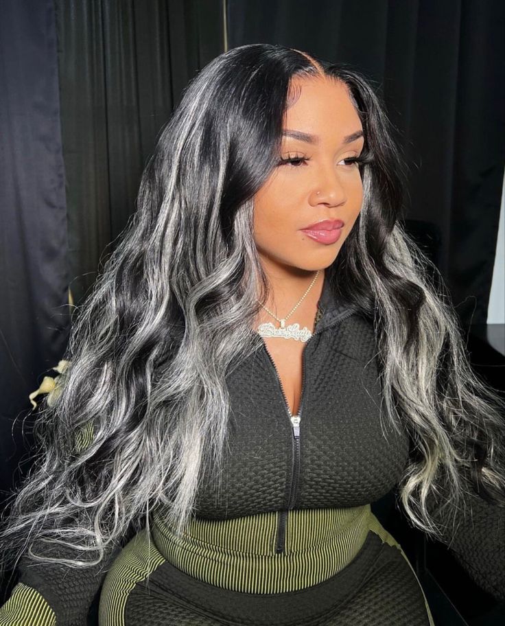 #highlights #storm #blackhairstyles #bigcurls #wandcurls #blackgirlmakeup #blackgirlhair #silverhair #greyhair #baddiestyle Black And Gray Wig, Black And Grey Wig, Black Hair With Silver Highlights, Black Hair With Grey Highlights, Silver Hair Highlights, Black And Grey Hair, Silver Wigs, Lace Texture, Grey Highlights