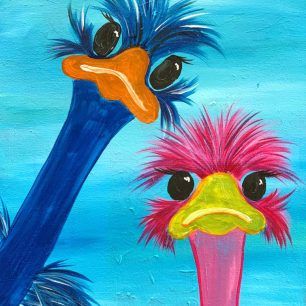 an acrylic painting of two ostriches in front of a blue sky