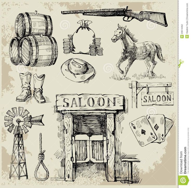 an old western set of hand drawn items including saloon, barrel and horse on white background