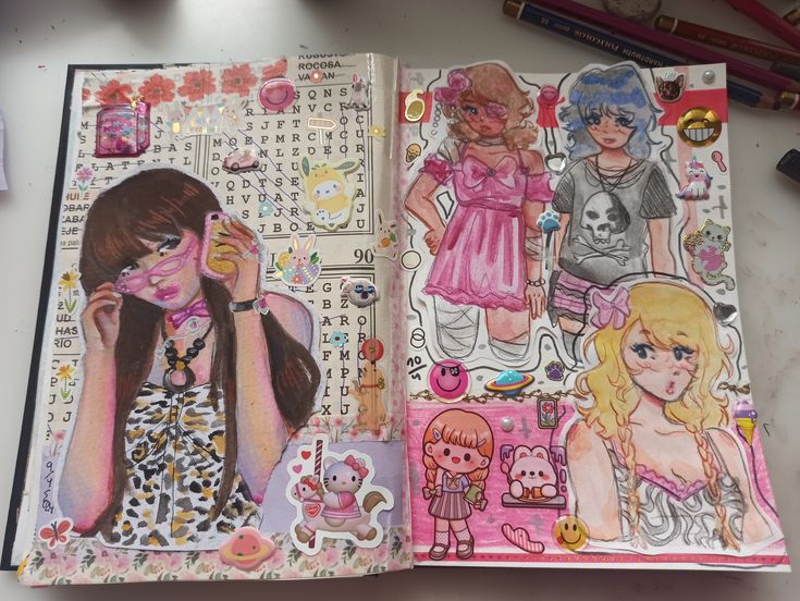 Drawing Pages Aesthetic, Collage Art Sketchbook, Sketchbook Art Inspiration Colorful, Gyaru Sketch, Art Spreads Sketchbook, Sketchbook Inspo Page, Pink Drawing Aesthetic, Colorful Sketchbook Pages, Character Page Sketchbook