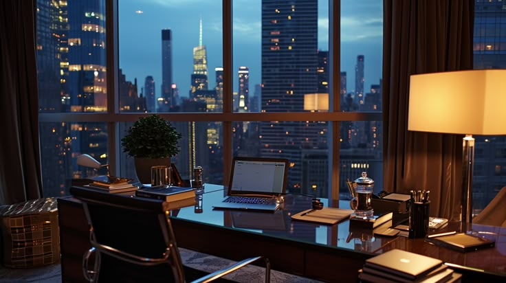 a laptop computer sitting on top of a desk in front of a window with a view of the city