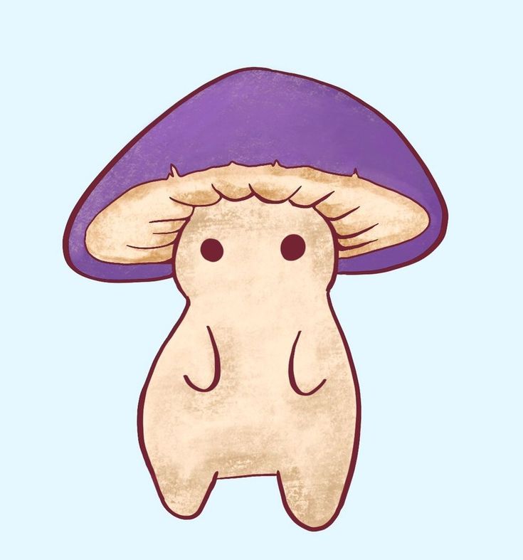 a drawing of a mushroom with a purple hat on it's head and eyes