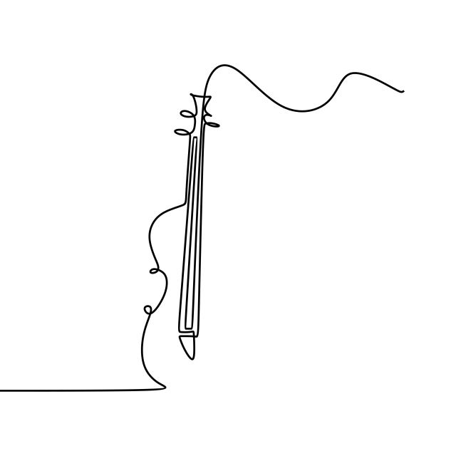 a black and white line drawing of a violin leaning against a wall with its strings still attached