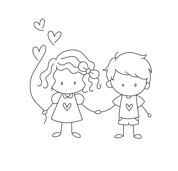 two children holding hands with hearts flying in the sky behind them, one is drawn by hand