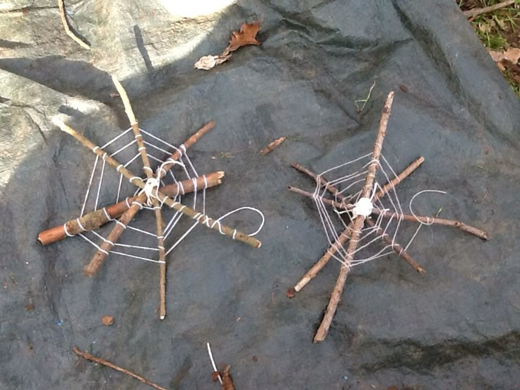 two wire sculptures sitting on top of a rock covered in leaves and twigs next to each other