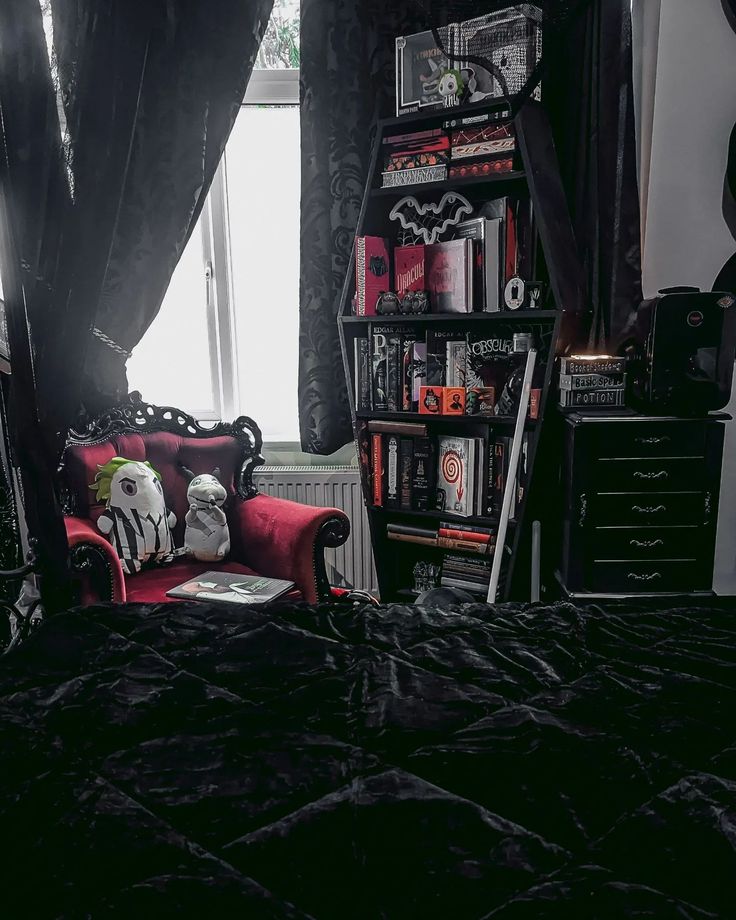 a bed room with a neatly made bed and a book shelf filled with books next to a window