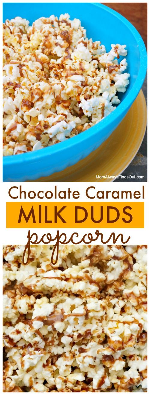 chocolate caramel milk puffs popcorn in a blue bowl and on a yellow plate