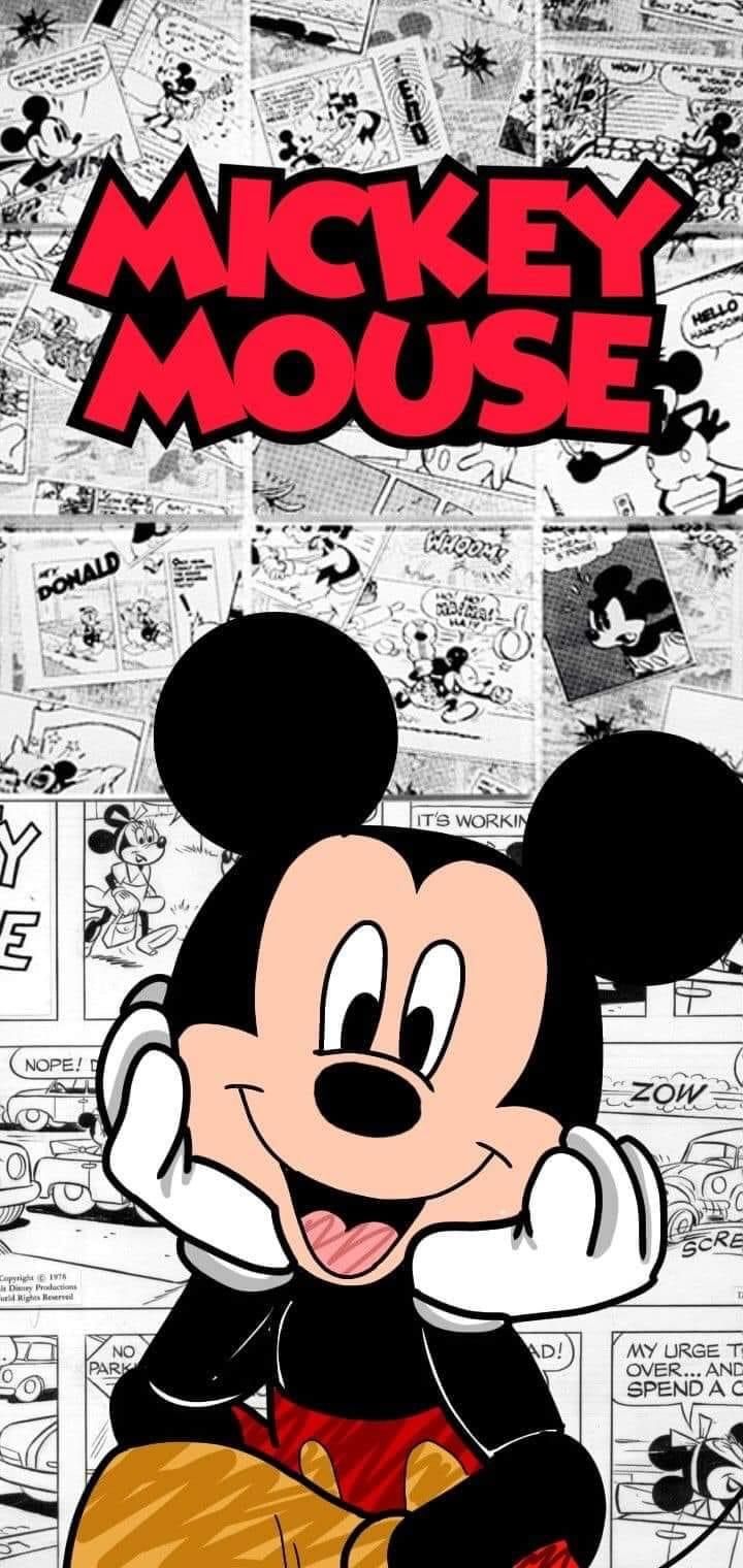 the mickey mouse poster is shown in black and white