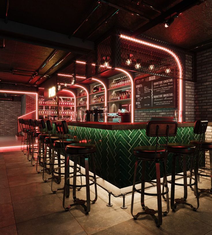 a dimly lit bar with stools and neon lights