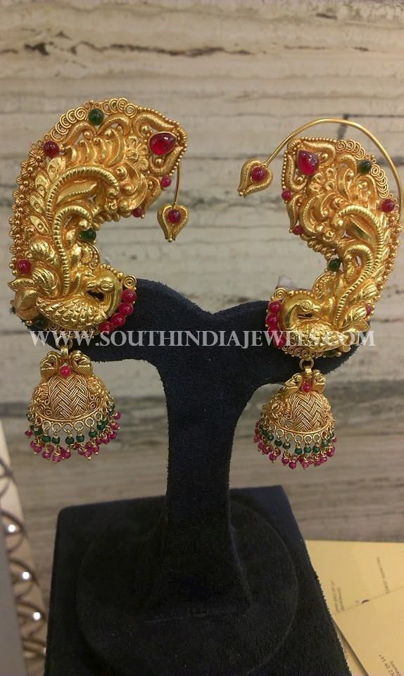 Gold Jhumka With Ear Cuff Designs, Indian Gold Jhumka With Ear Cuffs, Indian Gold Earrings With Ear Cuffs. Marathi Earrings, Ear Cuffs Gold Indian, Indian Gold Earrings, South Temple, Golden Jhumka, Gold Earrings For Kids, Marathi Bride, Gold Jhumka, Bridal Jewels