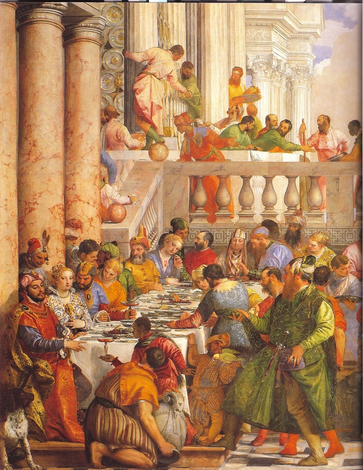 a painting of many people sitting around a table eating food and talking to each other