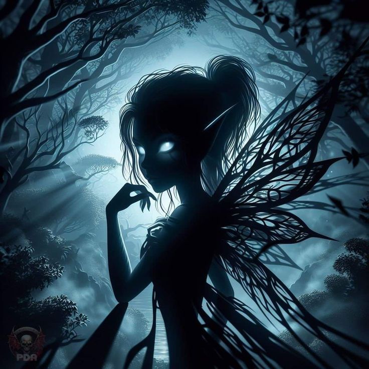 a dark fairy is standing in the woods with her hands on her hips and eyes glowing