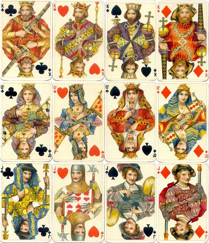 an image of playing cards with queen and king in different poses on them, all dressed up