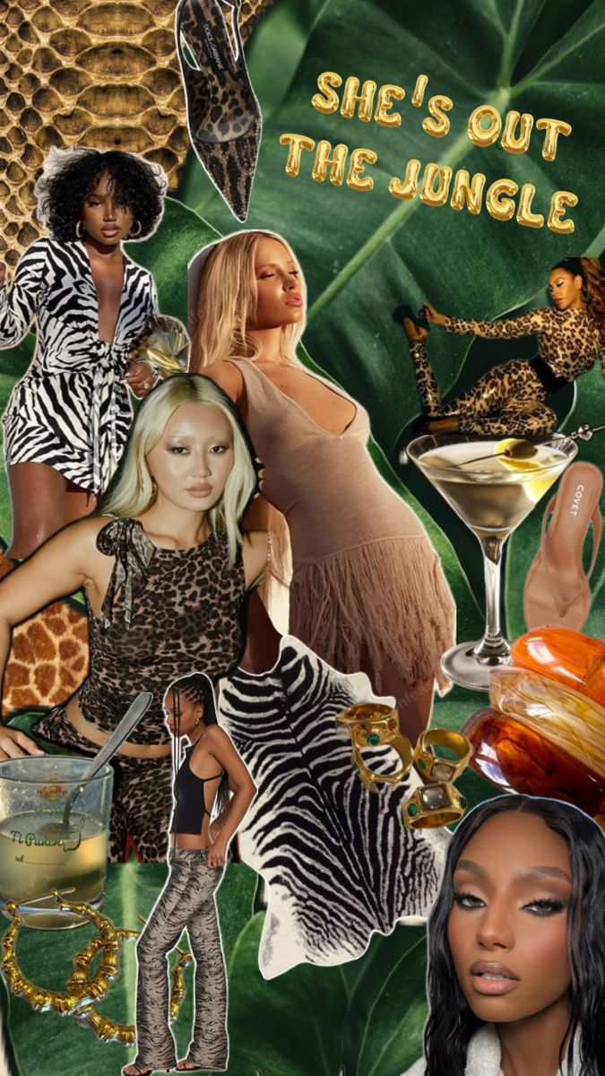 the collage shows women in animal print outfits, including zebras and giraffes