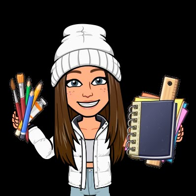 a cartoon girl holding school supplies in one hand and an open notebook in the other