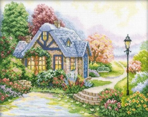 a painting of a house with flowers and trees in the background, it is painted on canvas