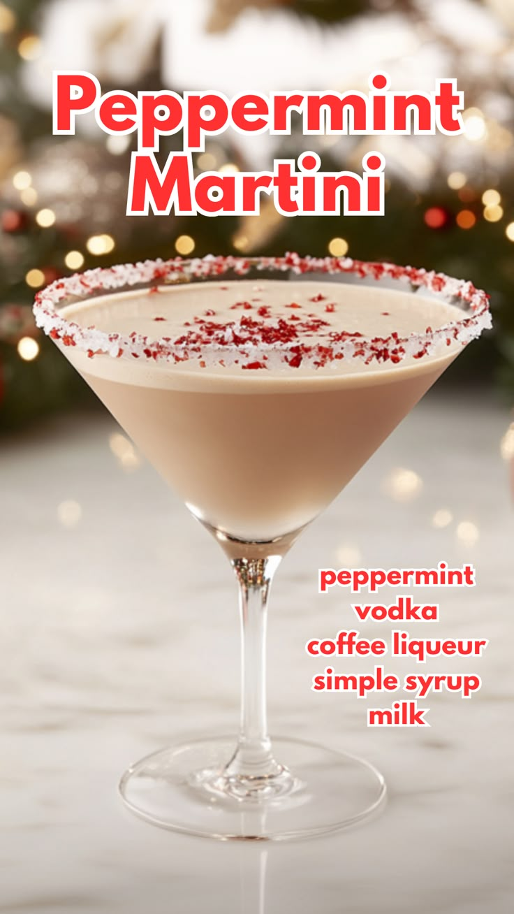 the peppermint martini cocktail is garnished with white and red sprinkles