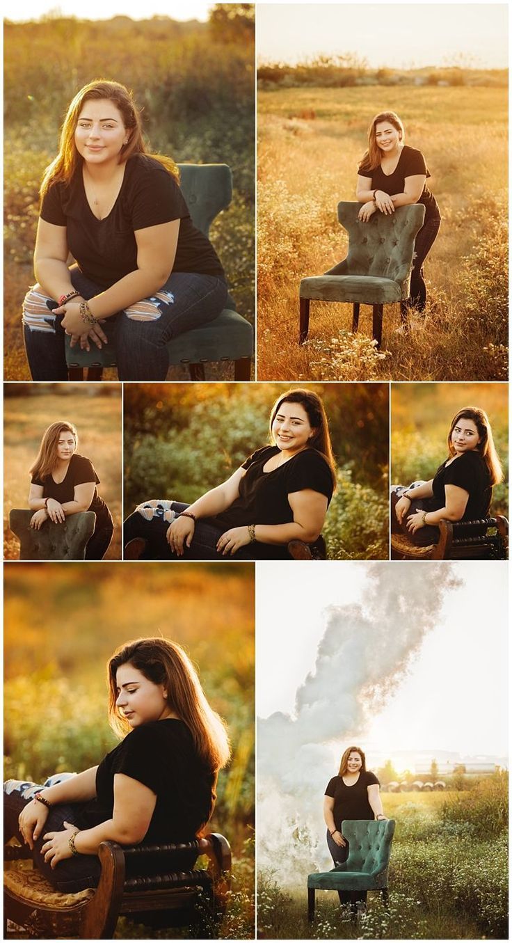 a woman sitting on top of a chair in a field