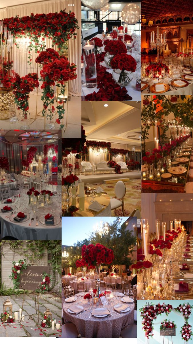 a collage of photos with red flowers and white linens on the tables at a wedding