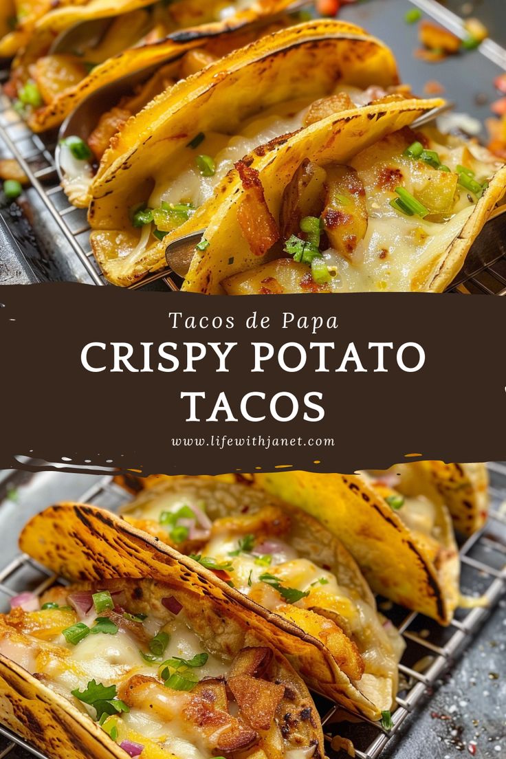 some tacos are sitting on top of a rack with the words crispy potato tacos