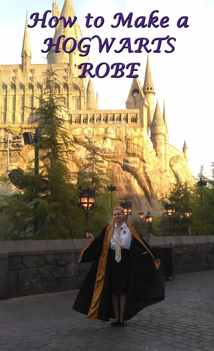 a woman wearing a robe in front of hogwart's castle with the words how to make a hogwarts robe