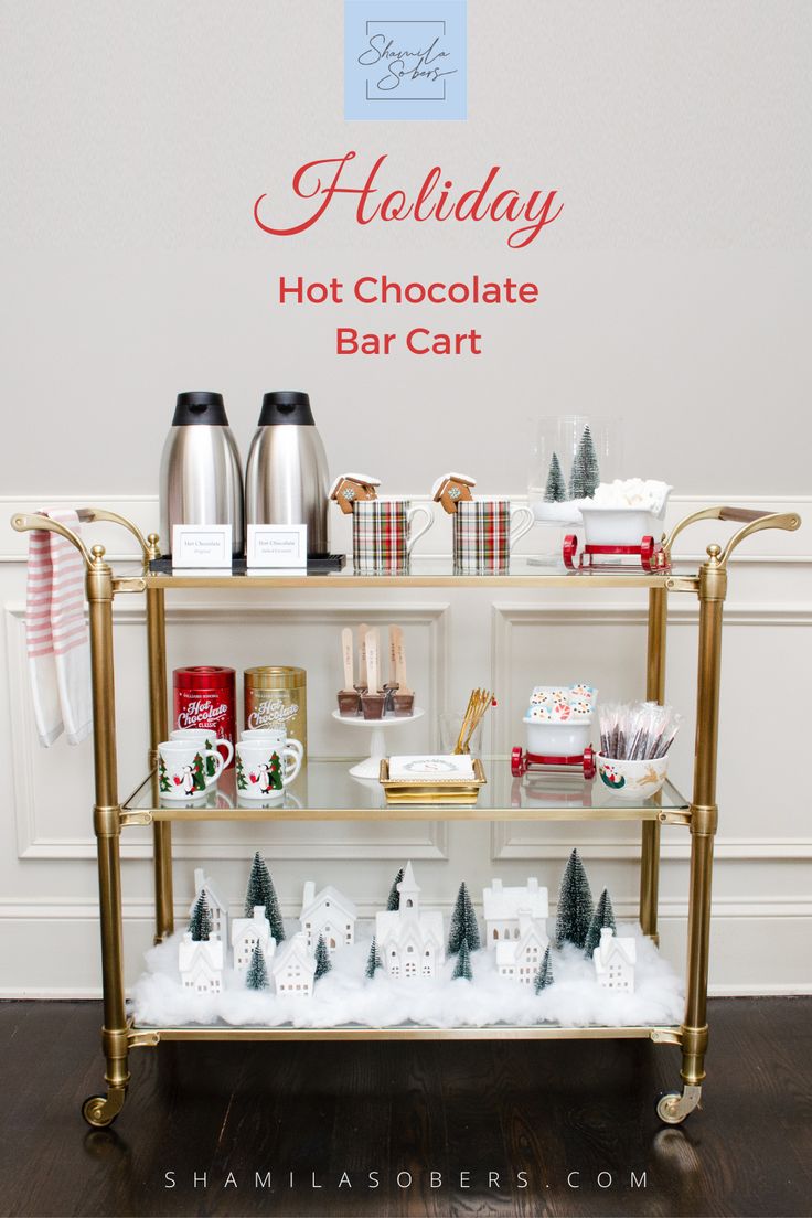 ‘Tis the season for hot chocolate! Lemonade stations are great in the summer, but winter gatherings call for drinks that will warm you up. This holiday season, treat family and friends to a gourmet hot chocolate bar. I’m sharing all the details on how to create your own holiday hot chocolate bar for your holiday parties or family nights with ideas, decorations and more! Kaffe Station, Holiday Bar Cart, Brass Bar Cart, Holiday Hot Chocolate, Gourmet Hot Chocolate, Spiked Hot Chocolate, Diy Bar Cart, A Thoughtful Place, Holiday Bar